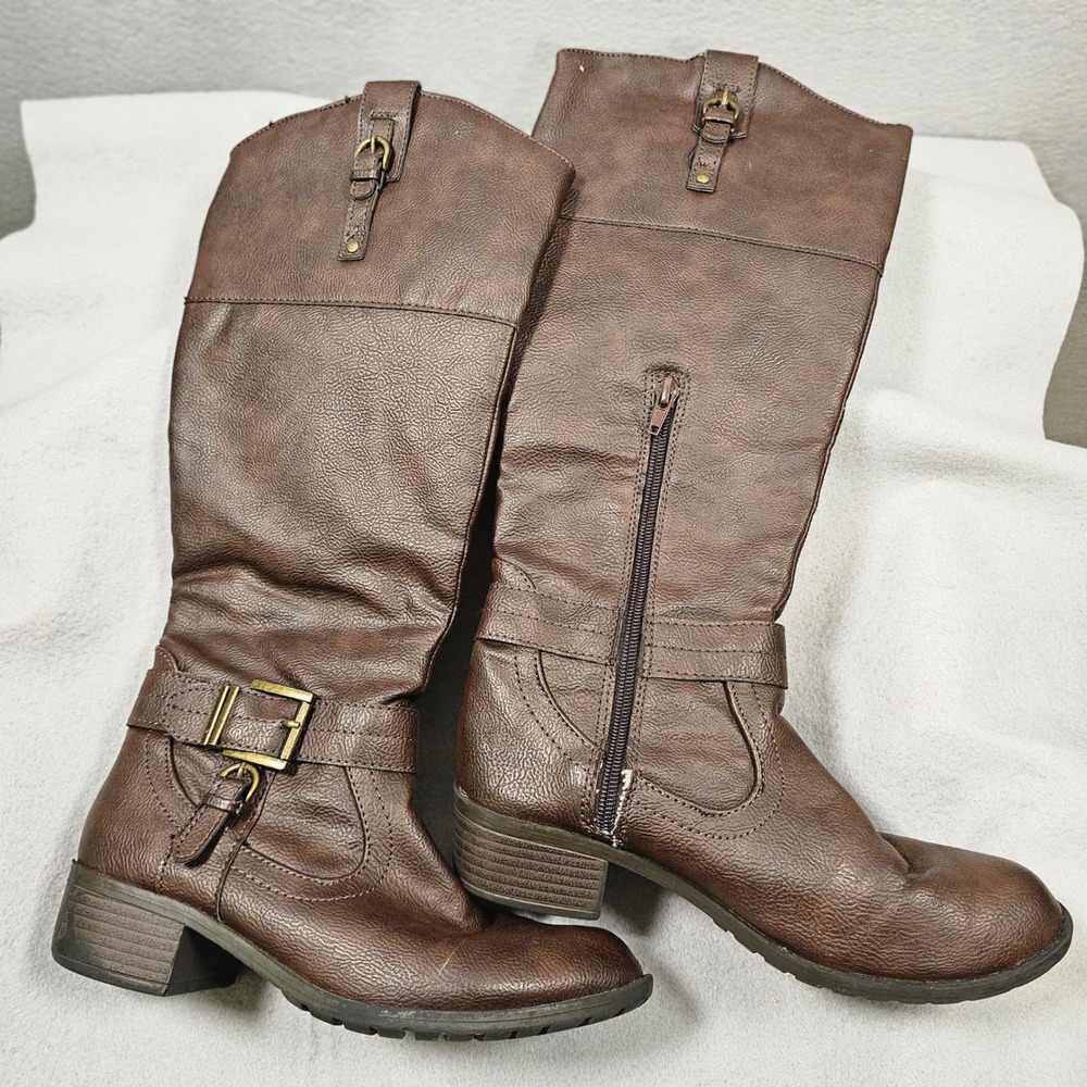 Ivelia Women Brown Faux Leather Riding Boots Buckle Detail Size 5.5M 339903